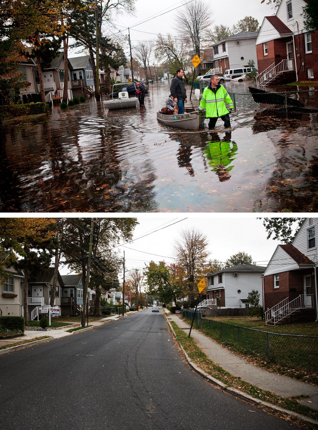 [Top] An emergency responder helps evacuate two people with a boat, after their neighborhood experienced flooding due to Superstorm Sandy October 30, 2012 in Little Ferry, New Jersey. [Bottom] The same street is shown in Little Ferry, New Jersey October 22, 2013.